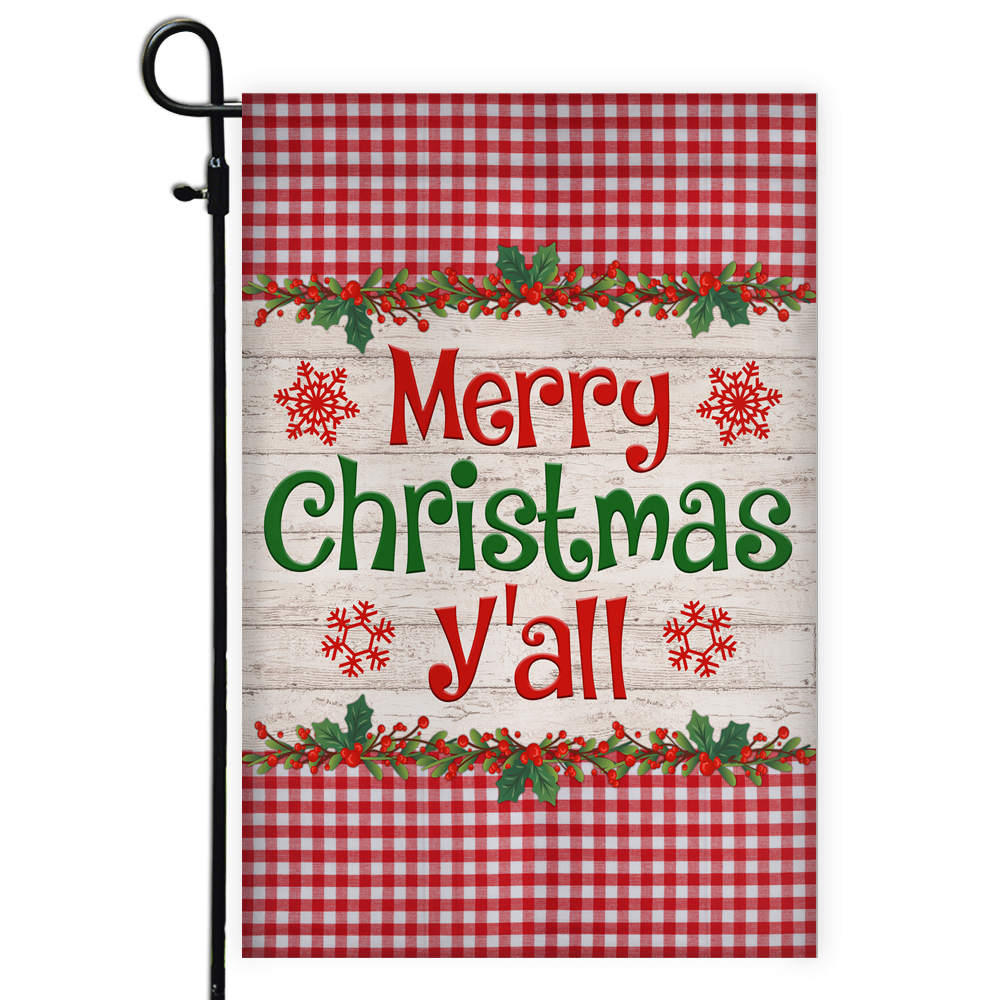 Merry Christmas Y'all Flag Buffalo Plaid Check Xmas Flag | Teecentury.com
