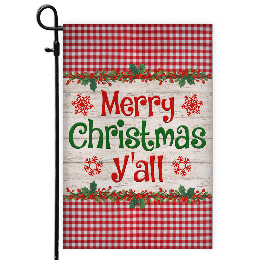 Merry Christmas Y'all Flag Buffalo Plaid Check Xmas Flag | Teecentury.com