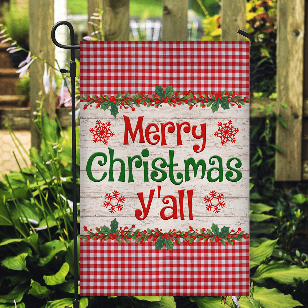 Merry Christmas Y'all Flag Buffalo Plaid Check Xmas Flag | Teecentury.com