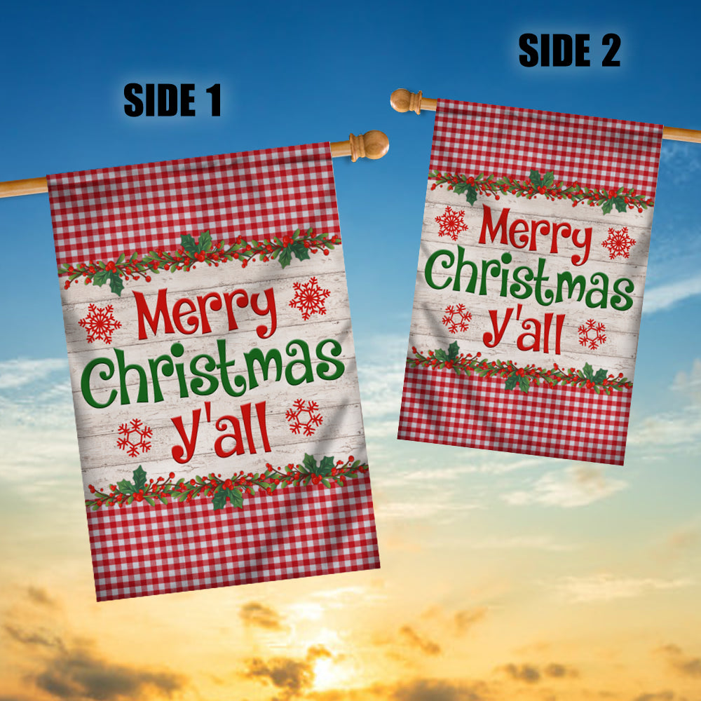 Merry Christmas Y'all Flag Buffalo Plaid Check Xmas Flag | Teecentury.com