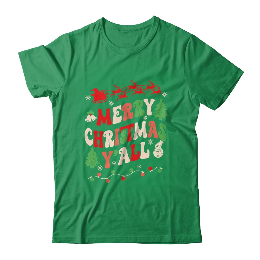 Merry Christmas Y'all Santa Hat Lights Family Groovy Xmas Shirt & Sweatshirt | teecentury