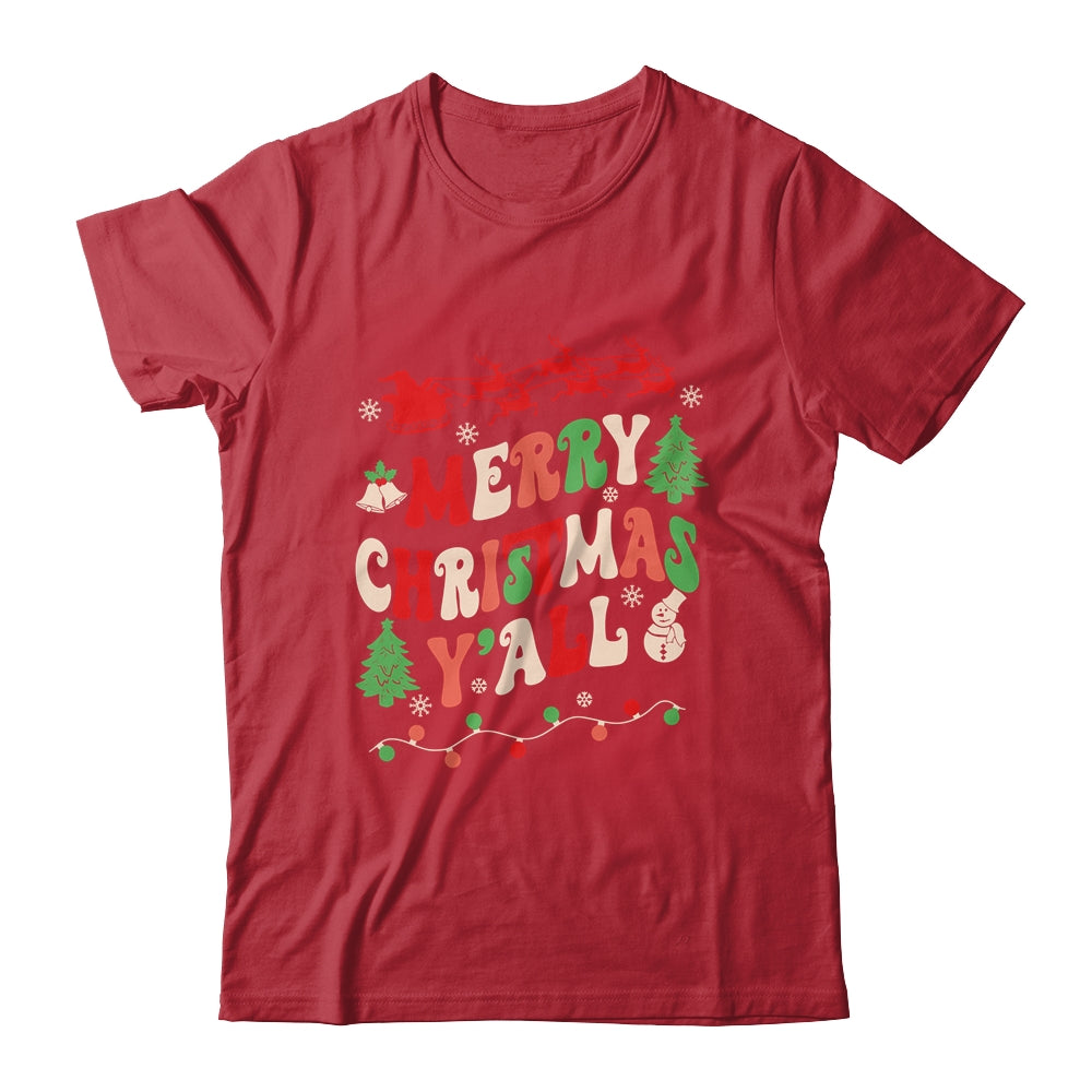 Merry Christmas Y'all Santa Hat Lights Family Groovy Xmas Shirt & Sweatshirt | teecentury