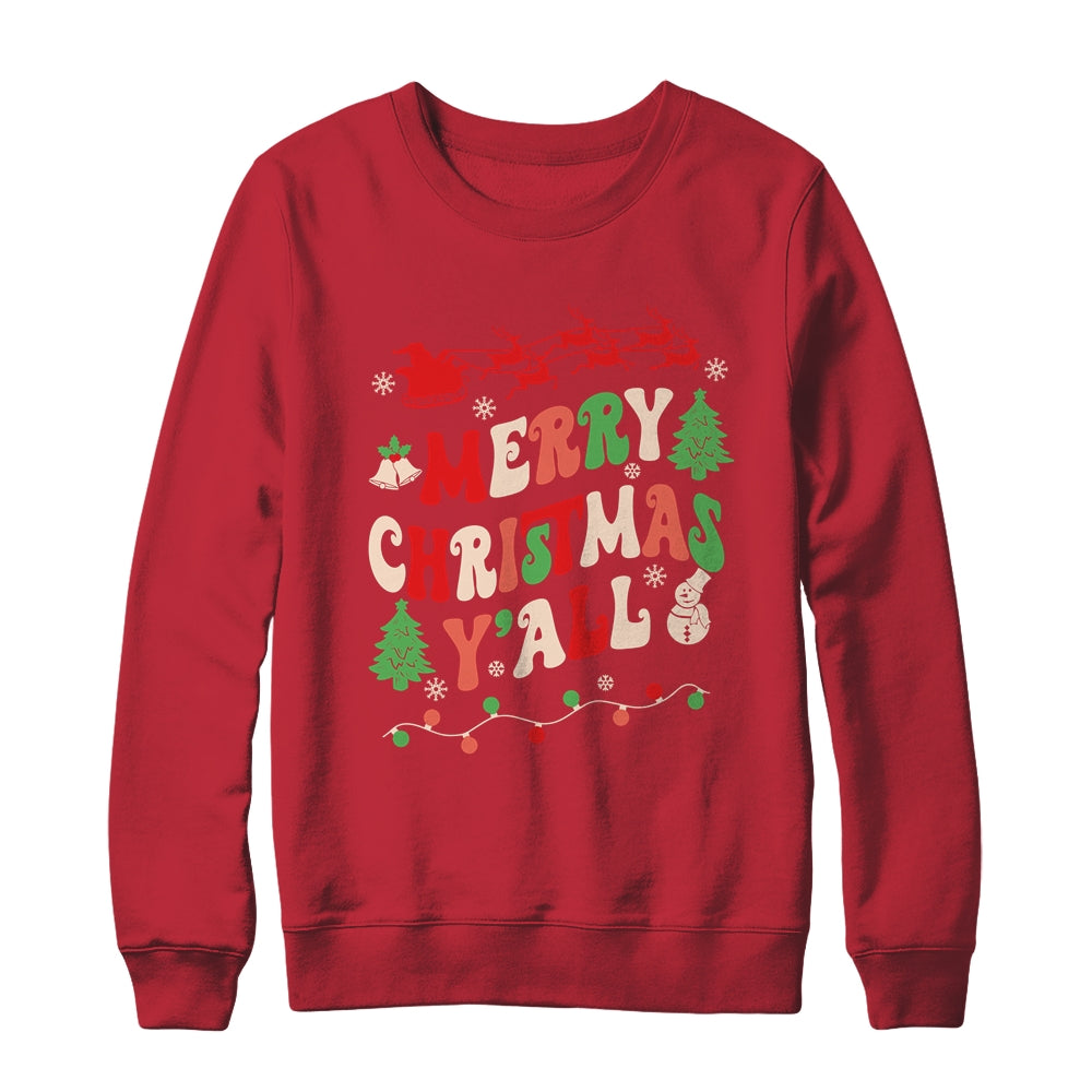 Merry Christmas Y'all Santa Hat Lights Family Groovy Xmas Shirt & Sweatshirt | teecentury