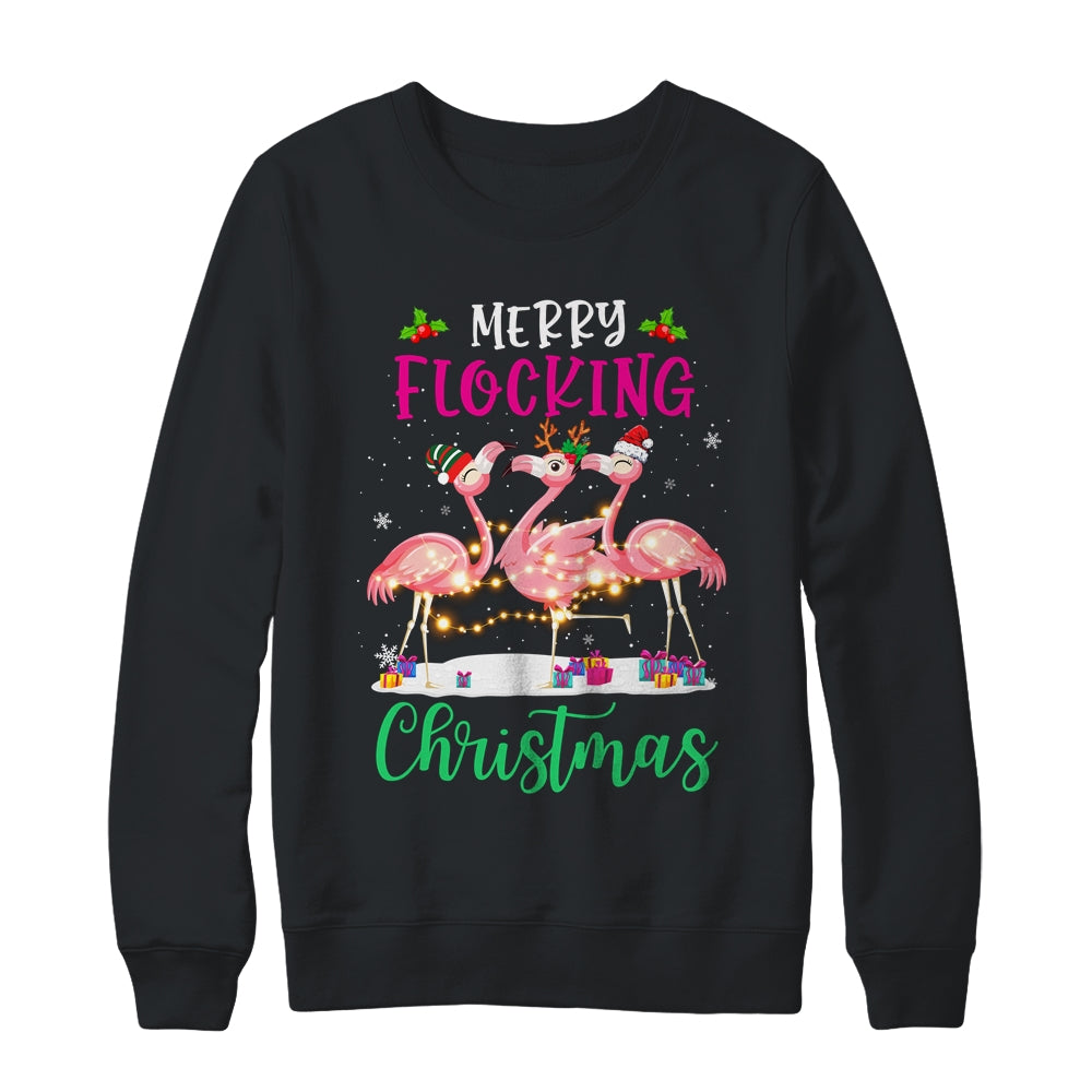 Merry Flocking Christmas Reindeer Santa ELF Flamingo Xmas T-Shirt & Sweatshirt | Teecentury.com