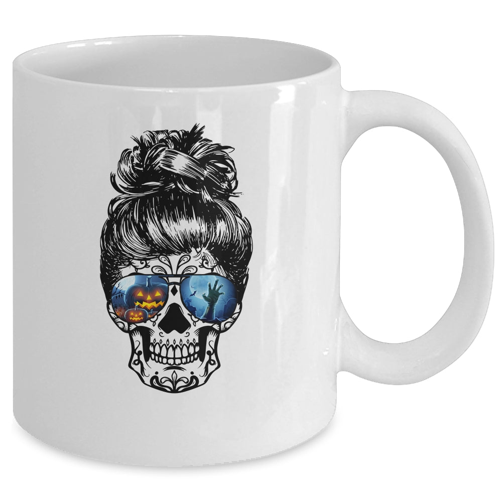 Messy Bun Skull Leopard Print Pumpkin Halloween Costume Mug Coffee Mug | Teecentury.com