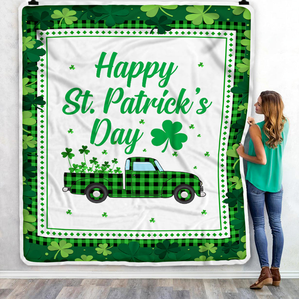 Happy St. Patrick's Day Truck With Green Shamrock Fleece Blanket Blanket | Teecentury.com