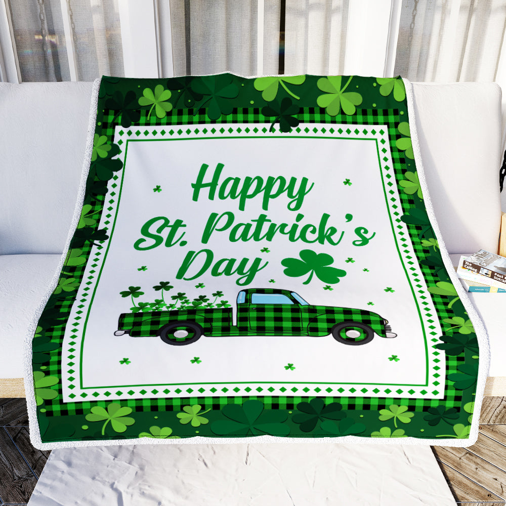 Happy St. Patrick's Day Truck With Green Shamrock Fleece Blanket Blanket | Teecentury.com