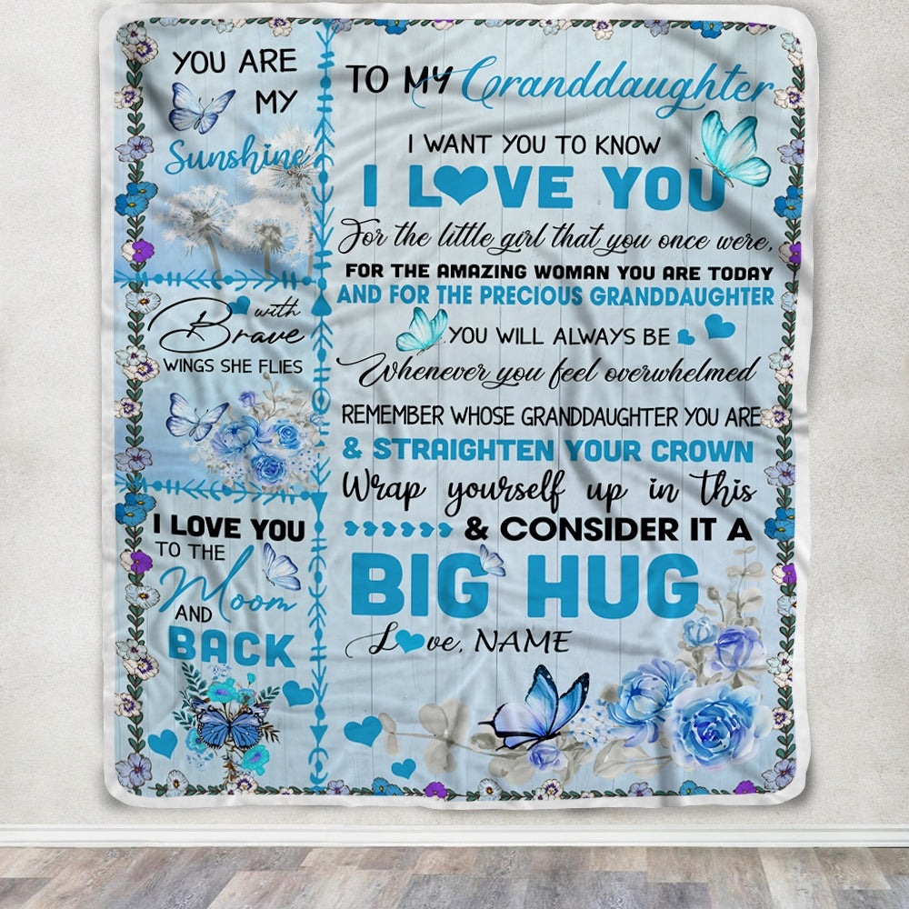 Personalized to My Granddaughter Blanket from Grandma Nana Give You A Big Love Hug Butterfly Birthday Thanksgiving Christmas Customized Fleece Blanket Blanket | Teecentury.com