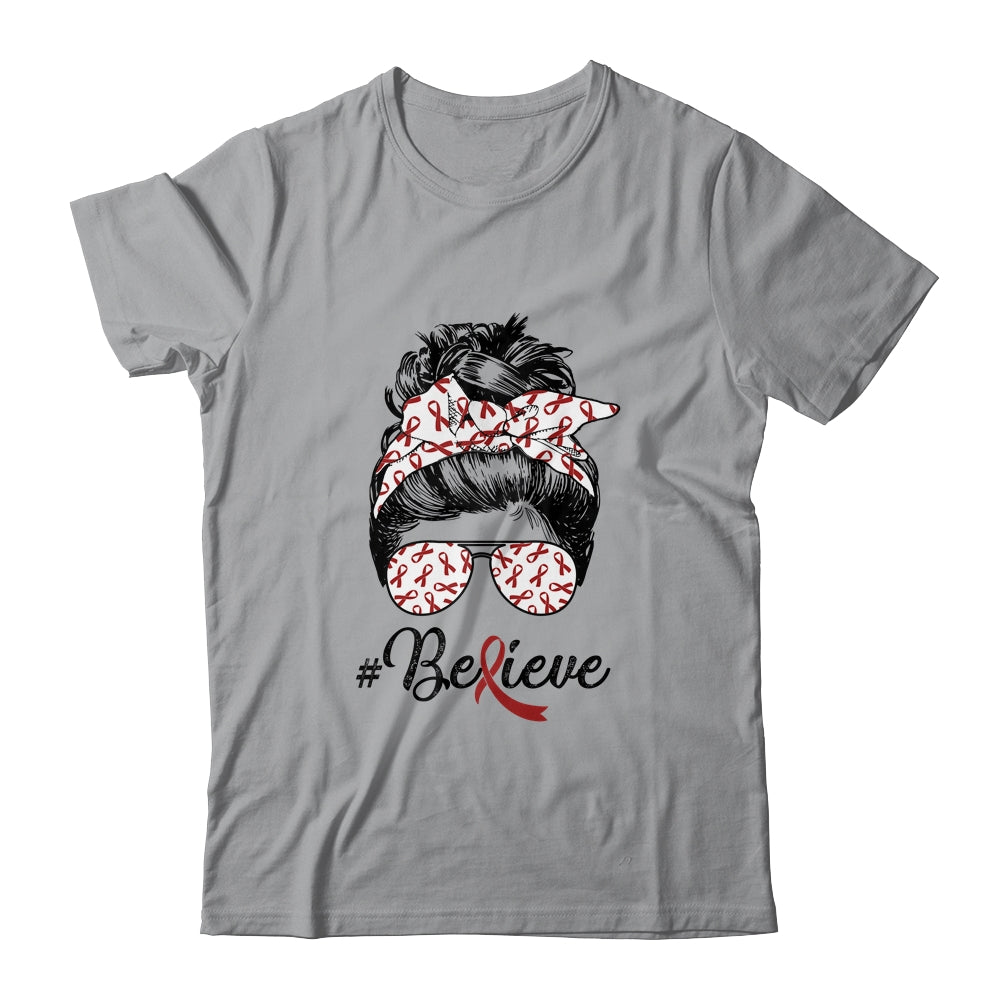 Multiple Myeloma Awareness Messy Bun Warrior Believe T-Shirt & Tank Top | Teecentury.com