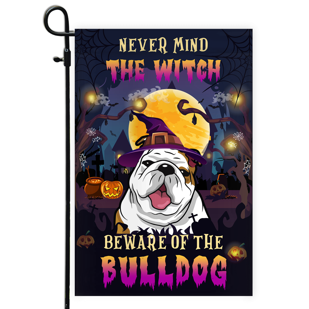 Never Mind The Witch Beware Of The Bulldog Flag Funny Halloween For Dog Lovers Flag | Teecentury.com