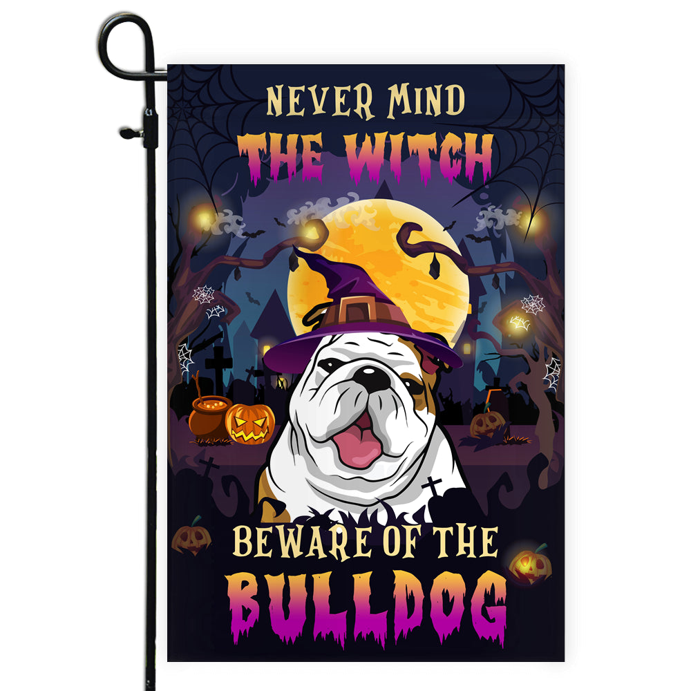 Never Mind The Witch Beware Of The Bulldog Flag Funny Halloween For Dog Lovers Flag | Teecentury.com