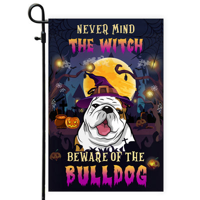 Never Mind The Witch Beware Of The Bulldog Flag Funny Halloween For Dog Lovers Flag | Teecentury.com