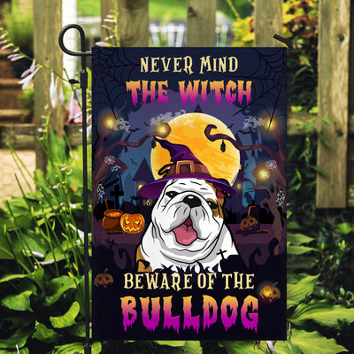 Never Mind The Witch Beware Of The Bulldog Flag Funny Halloween For Dog Lovers Flag | Teecentury.com