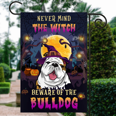 Never Mind The Witch Beware Of The Bulldog Flag Funny Halloween For Dog Lovers Flag | Teecentury.com
