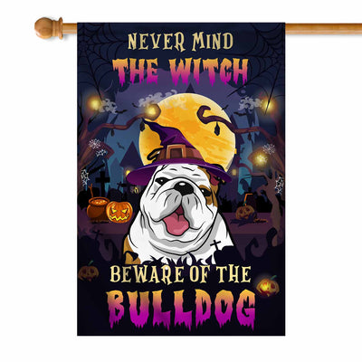 Never Mind The Witch Beware Of The Bulldog Flag Funny Halloween For Dog Lovers Flag | Teecentury.com
