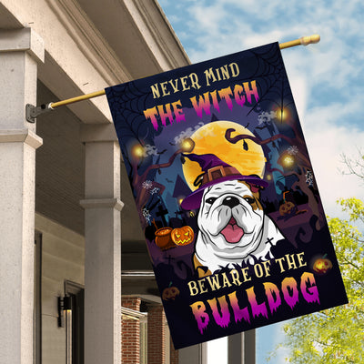 Never Mind The Witch Beware Of The Bulldog Flag Funny Halloween For Dog Lovers Flag | Teecentury.com