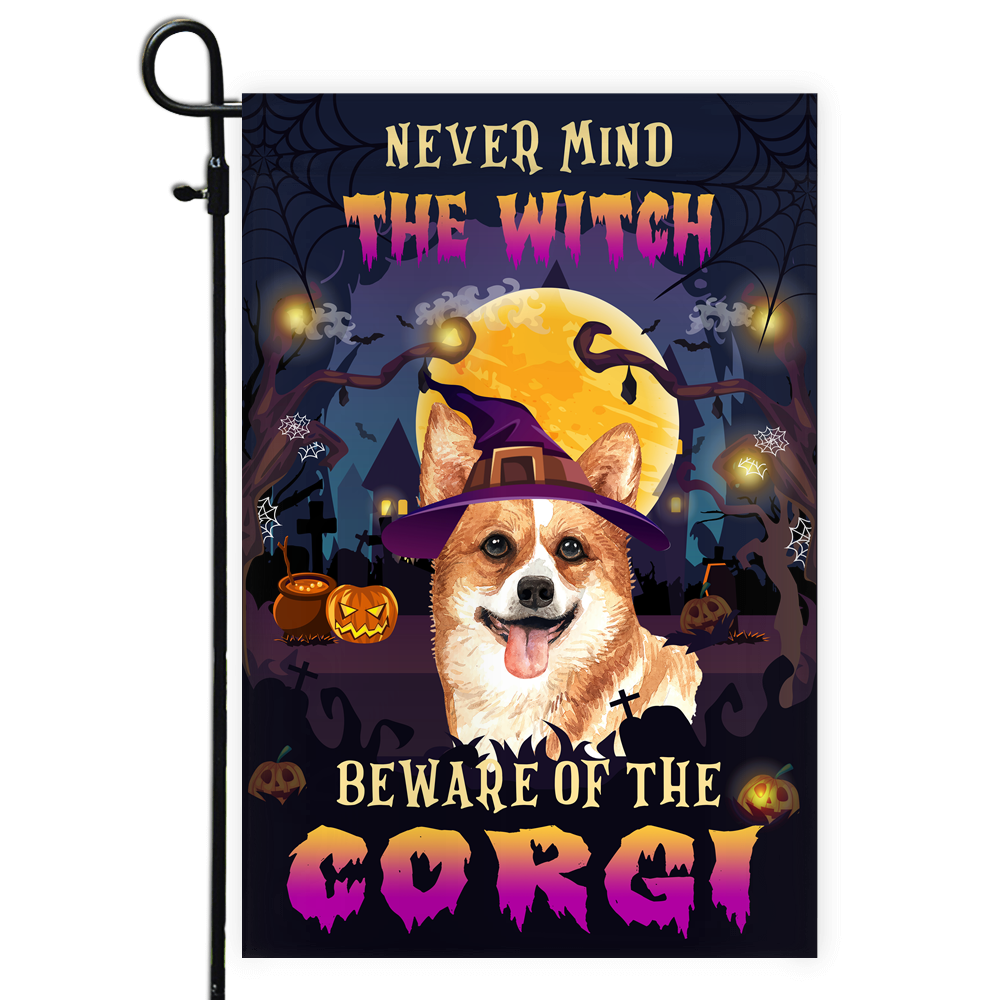 Never Mind The Witch Beware Of The Corgi Flag Funny Halloween For Dog Lovers Flag | Teecentury.com
