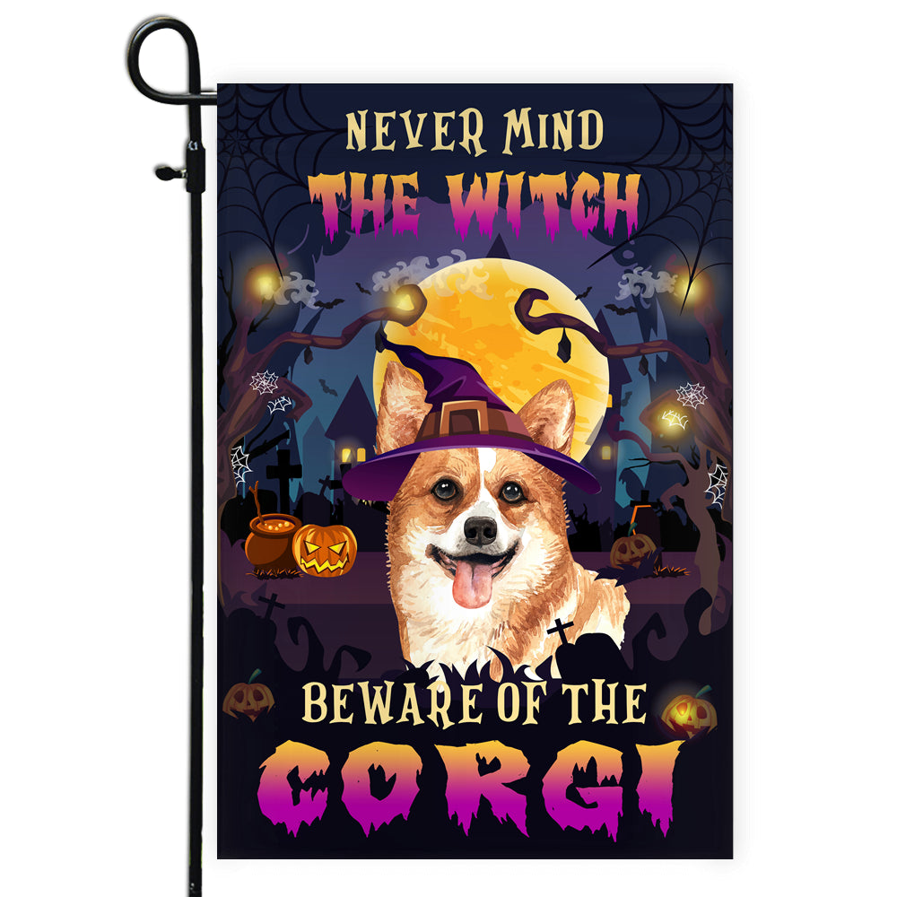 Never Mind The Witch Beware Of The Corgi Flag Funny Halloween For Dog Lovers Flag | Teecentury.com