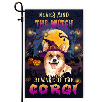 Never Mind The Witch Beware Of The Corgi Flag Funny Halloween For Dog Lovers Flag | Teecentury.com