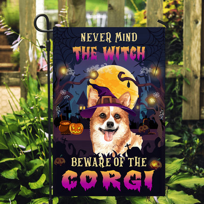 Never Mind The Witch Beware Of The Corgi Flag Funny Halloween For Dog Lovers Flag | Teecentury.com