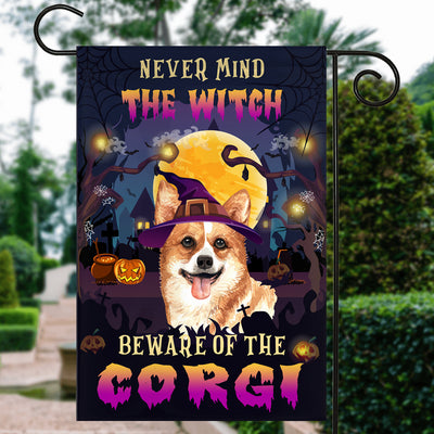Never Mind The Witch Beware Of The Corgi Flag Funny Halloween For Dog Lovers Flag | Teecentury.com