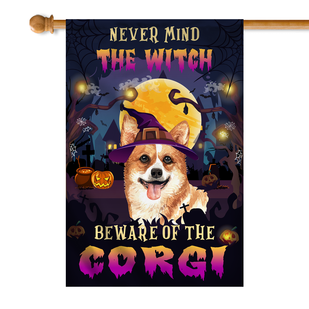 Never Mind The Witch Beware Of The Corgi Flag Funny Halloween For Dog Lovers Flag | Teecentury.com
