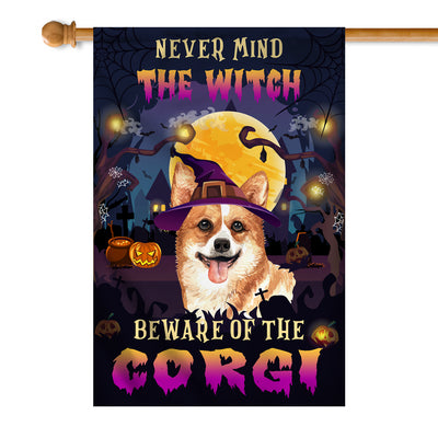 Never Mind The Witch Beware Of The Corgi Flag Funny Halloween For Dog Lovers Flag | Teecentury.com