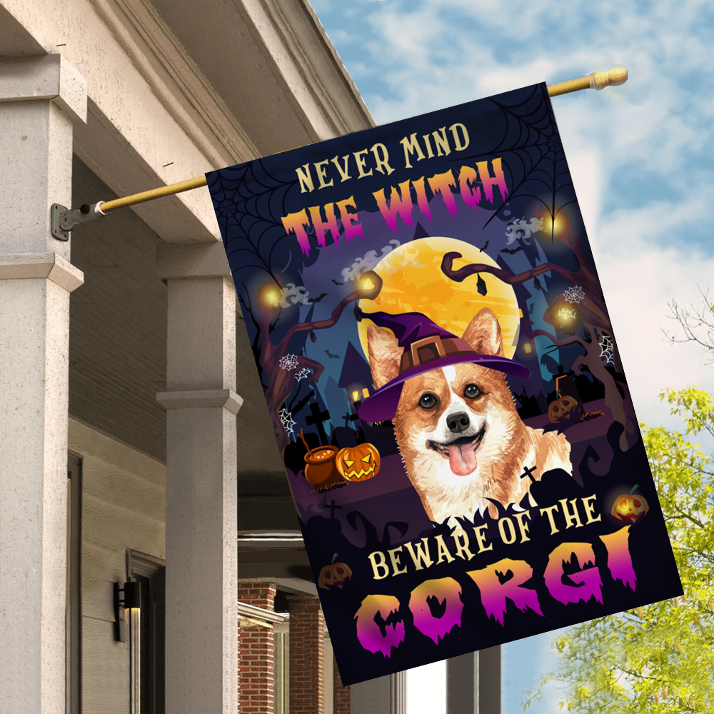 Never Mind The Witch Beware Of The Corgi Flag Funny Halloween For Dog Lovers Flag | Teecentury.com