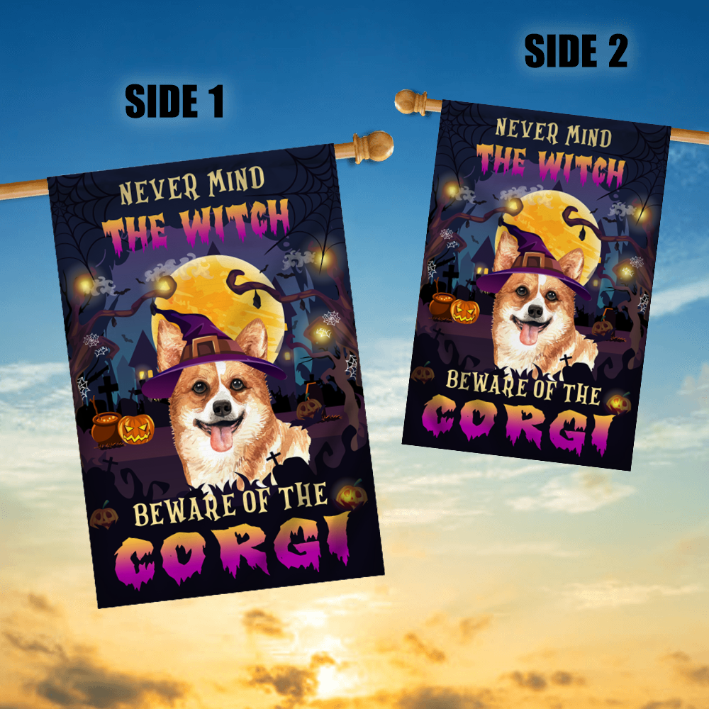 Never Mind The Witch Beware Of The Corgi Flag Funny Halloween For Dog Lovers Flag | Teecentury.com