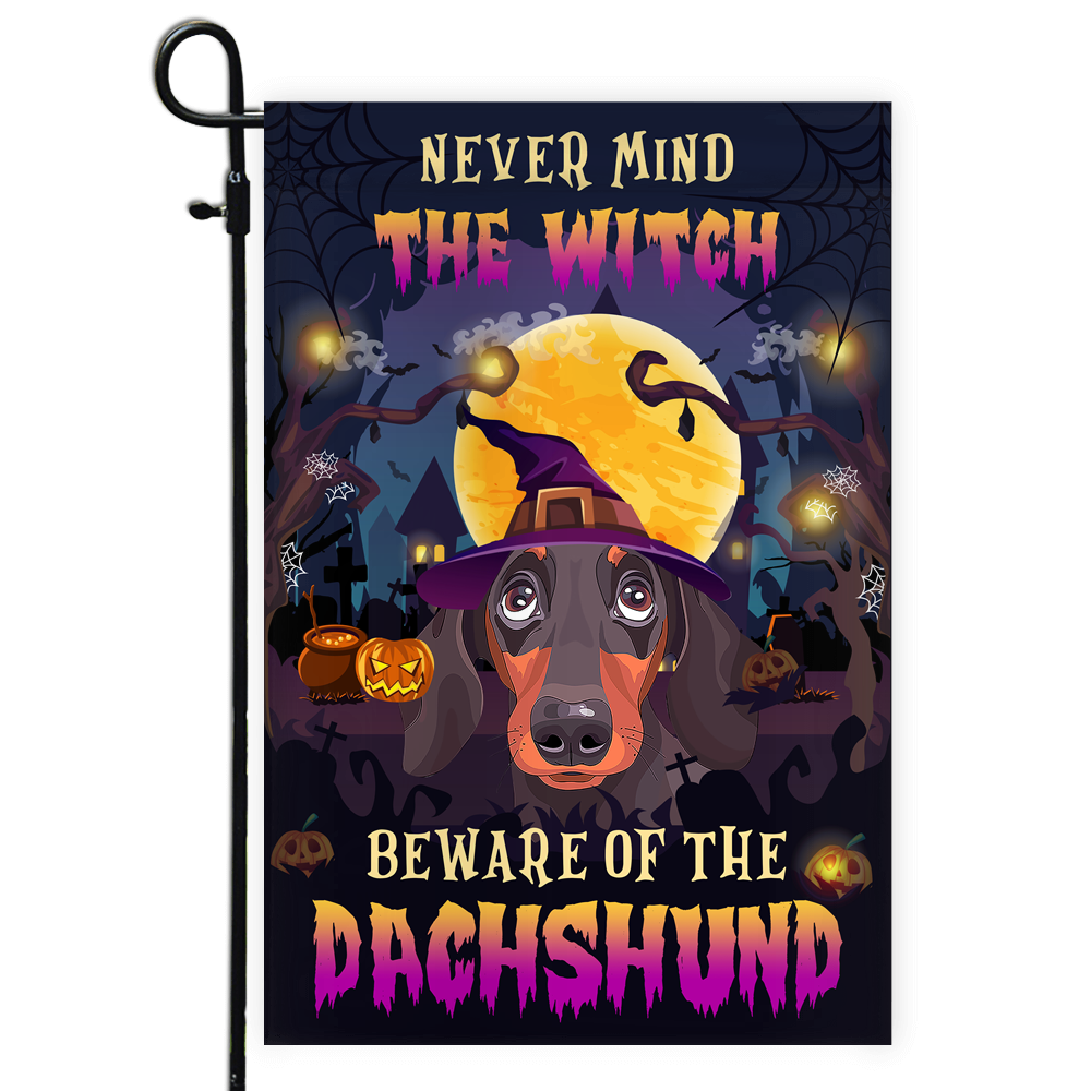 Never Mind The Witch Beware Of The Dachshund Flag Funny Halloween For Dog Lovers Flag | Teecentury.com