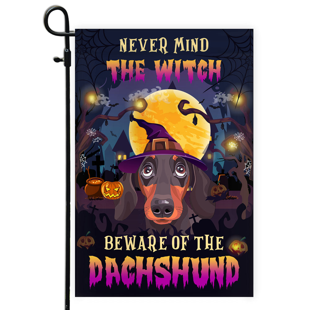 Never Mind The Witch Beware Of The Dachshund Flag Funny Halloween For Dog Lovers Flag | Teecentury.com