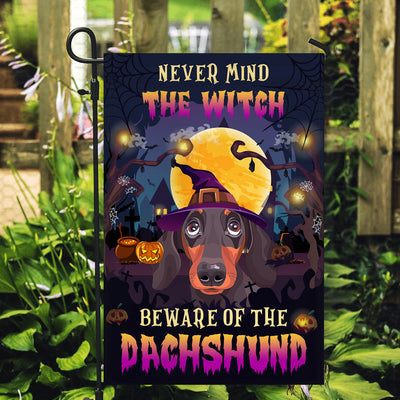 Never Mind The Witch Beware Of The Dachshund Flag Funny Halloween For Dog Lovers Flag | Teecentury.com