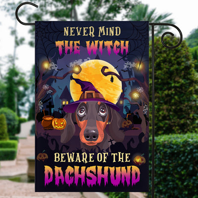 Never Mind The Witch Beware Of The Dachshund Flag Funny Halloween For Dog Lovers Flag | Teecentury.com