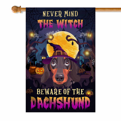 Never Mind The Witch Beware Of The Dachshund Flag Funny Halloween For Dog Lovers Flag | Teecentury.com
