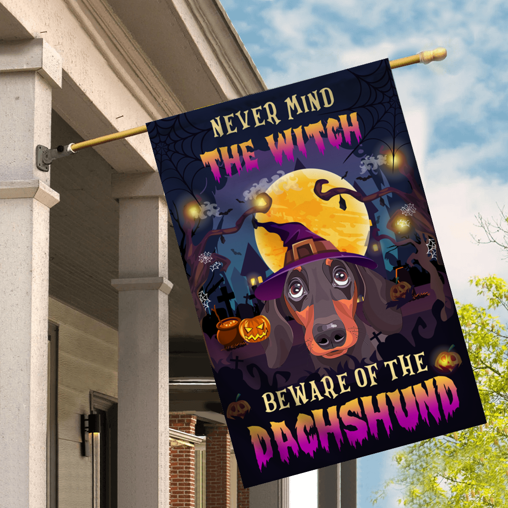 Never Mind The Witch Beware Of The Dachshund Flag Funny Halloween For Dog Lovers Flag | Teecentury.com