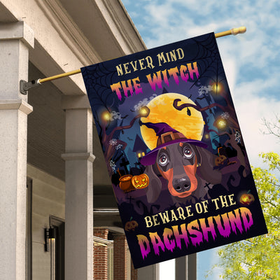 Never Mind The Witch Beware Of The Dachshund Flag Funny Halloween For Dog Lovers Flag | Teecentury.com