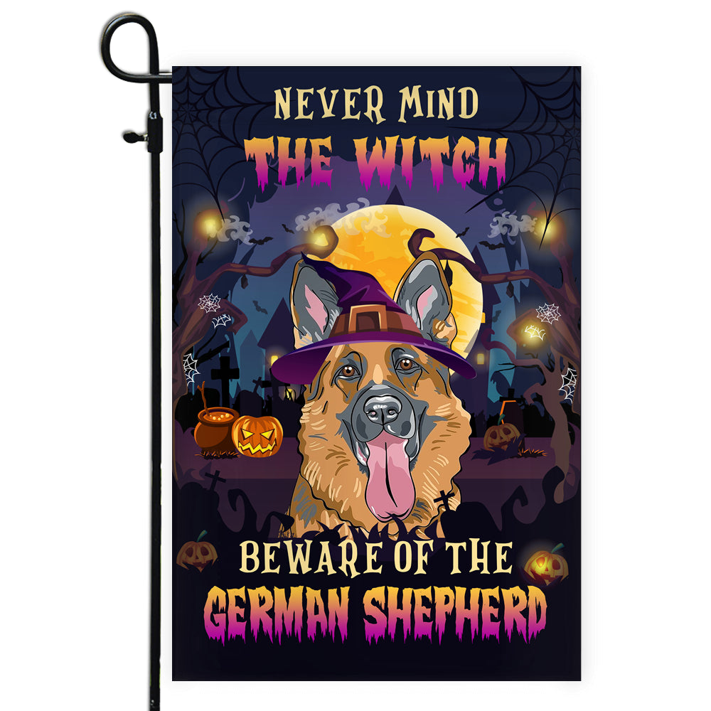 Never Mind The Witch Beware Of The German Shepherd Flag Funny Halloween For Dog Lovers Flag | Teecentury.com