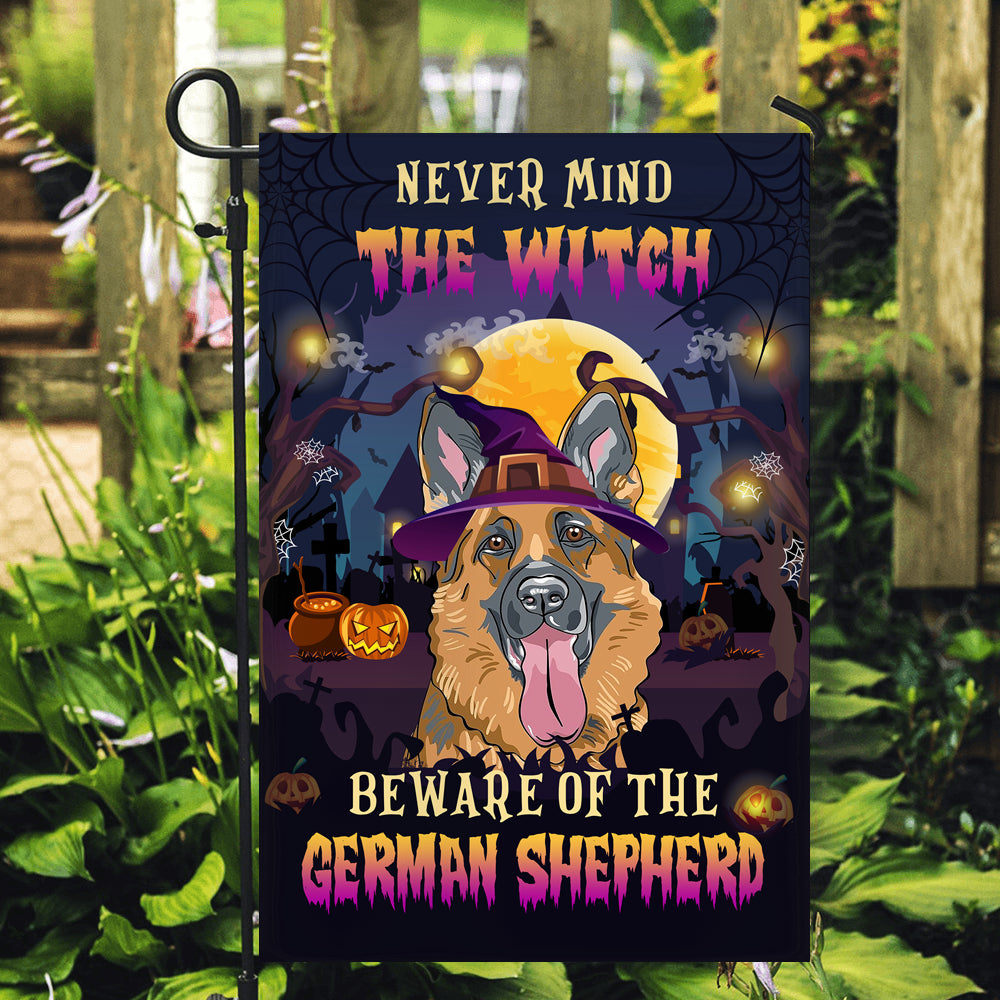 Never Mind The Witch Beware Of The German Shepherd Flag Funny Halloween For Dog Lovers Flag | Teecentury.com
