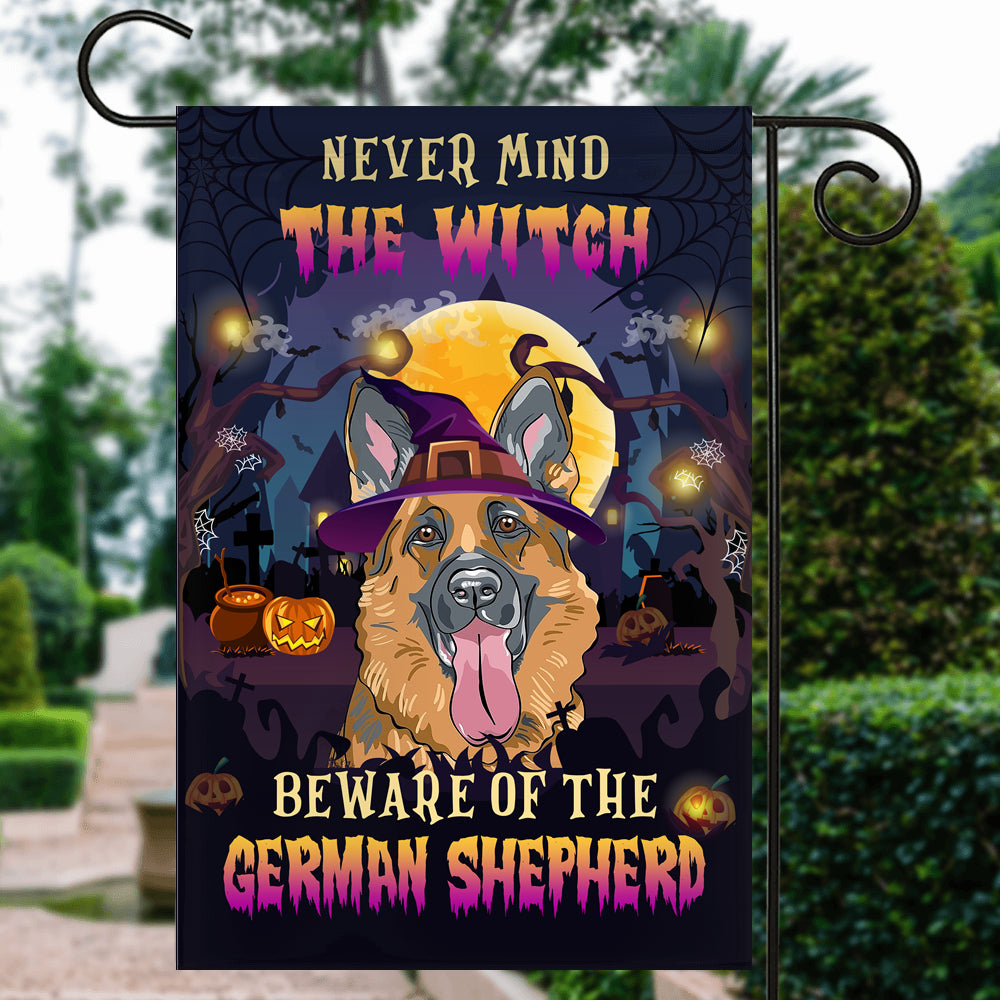 Never Mind The Witch Beware Of The German Shepherd Flag Funny Halloween For Dog Lovers Flag | Teecentury.com