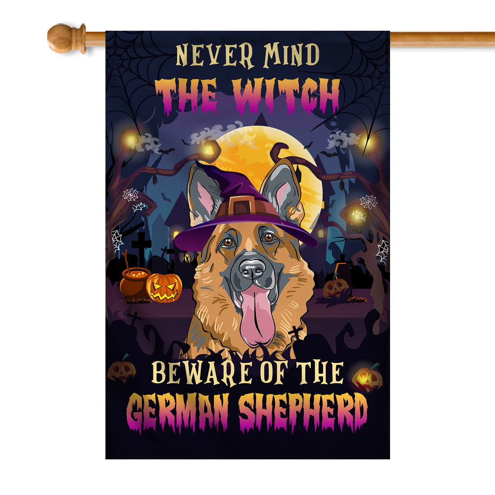 Never Mind The Witch Beware Of The German Shepherd Flag Funny Halloween For Dog Lovers Flag | Teecentury.com