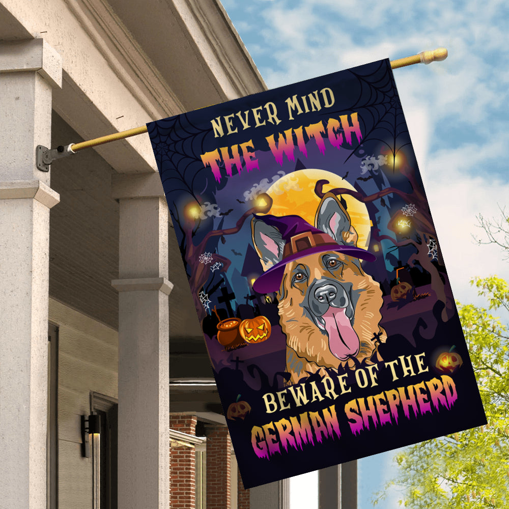 Never Mind The Witch Beware Of The German Shepherd Flag Funny Halloween For Dog Lovers Flag | Teecentury.com
