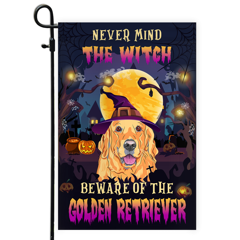 Never Mind The Witch Beware Of The Golden Retriever Flag Funny Halloween For Dog Lovers Flag | Teecentury.com