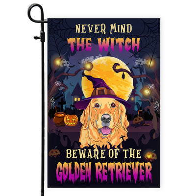 Never Mind The Witch Beware Of The Golden Retriever Flag Funny Halloween For Dog Lovers Flag | Teecentury.com