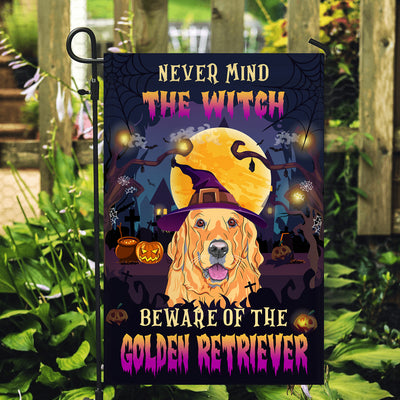 Never Mind The Witch Beware Of The Golden Retriever Flag Funny Halloween For Dog Lovers Flag | Teecentury.com