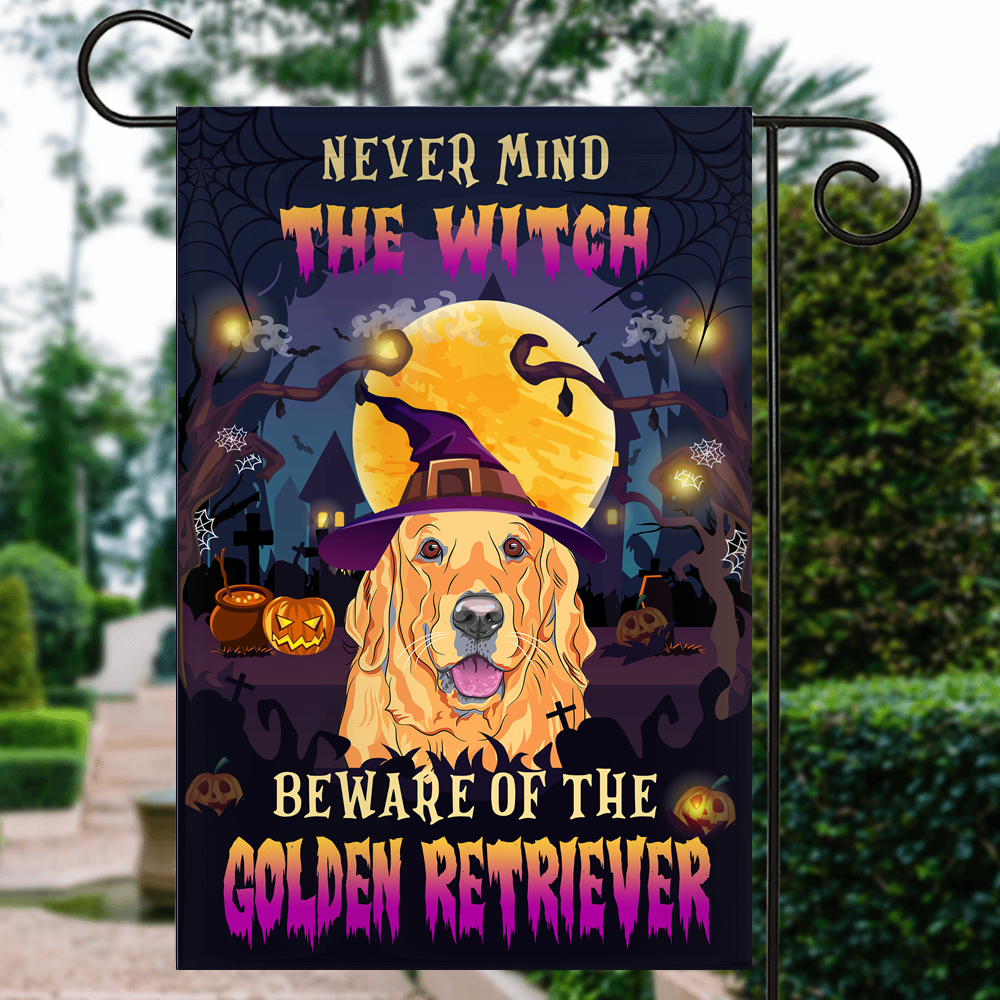 Never Mind The Witch Beware Of The Golden Retriever Flag Funny Halloween For Dog Lovers Flag | Teecentury.com