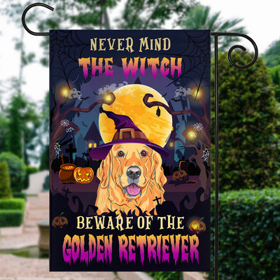Never Mind The Witch Beware Of The Golden Retriever Flag Funny Halloween For Dog Lovers Flag | Teecentury.com
