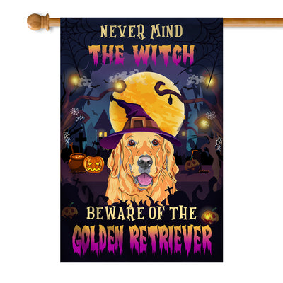 Never Mind The Witch Beware Of The Golden Retriever Flag Funny Halloween For Dog Lovers Flag | Teecentury.com