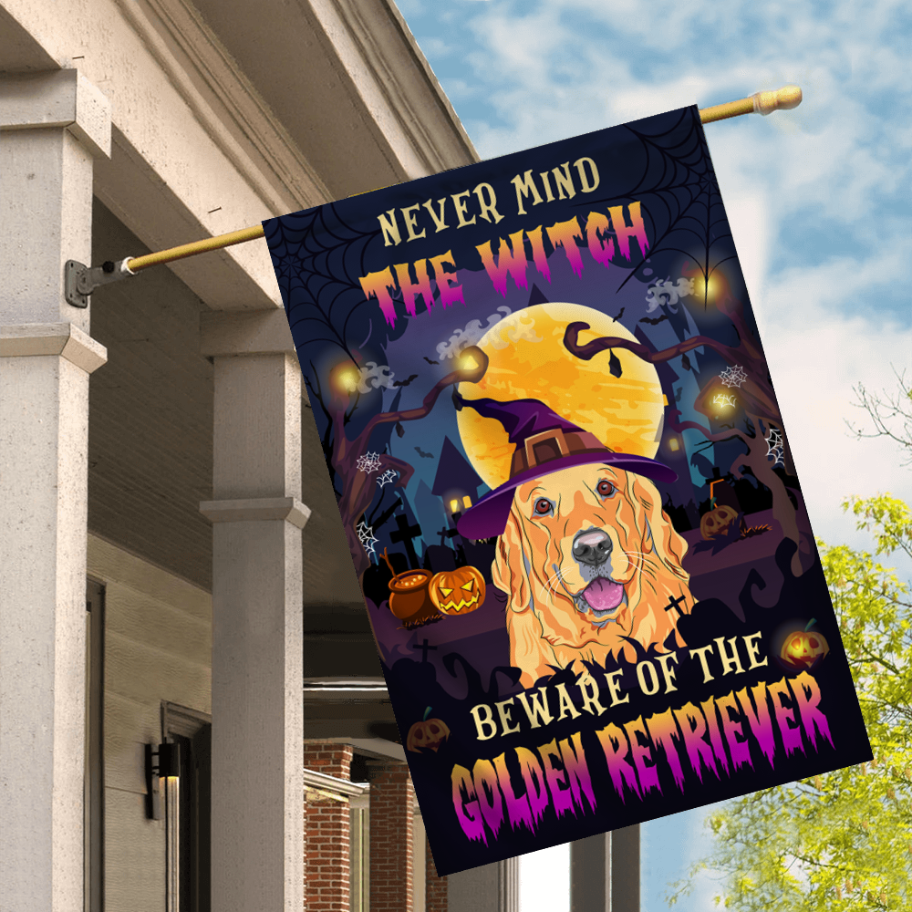 Never Mind The Witch Beware Of The Golden Retriever Flag Funny Halloween For Dog Lovers Flag | Teecentury.com