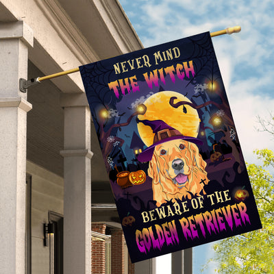 Never Mind The Witch Beware Of The Golden Retriever Flag Funny Halloween For Dog Lovers Flag | Teecentury.com