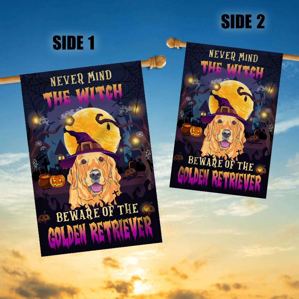 Never Mind The Witch Beware Of The Golden Retriever Flag Funny Halloween For Dog Lovers Flag | Teecentury.com